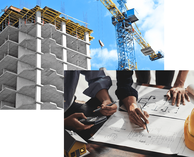 3 A collage of construction and people working on buildings.