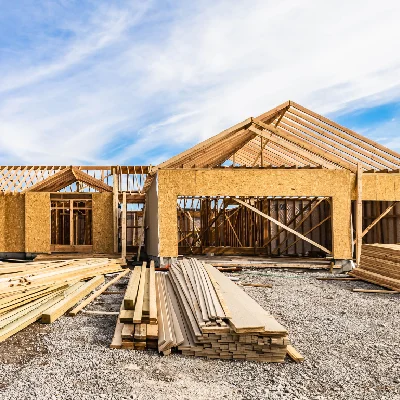 New Project (24) A house under construction with many wooden boards.